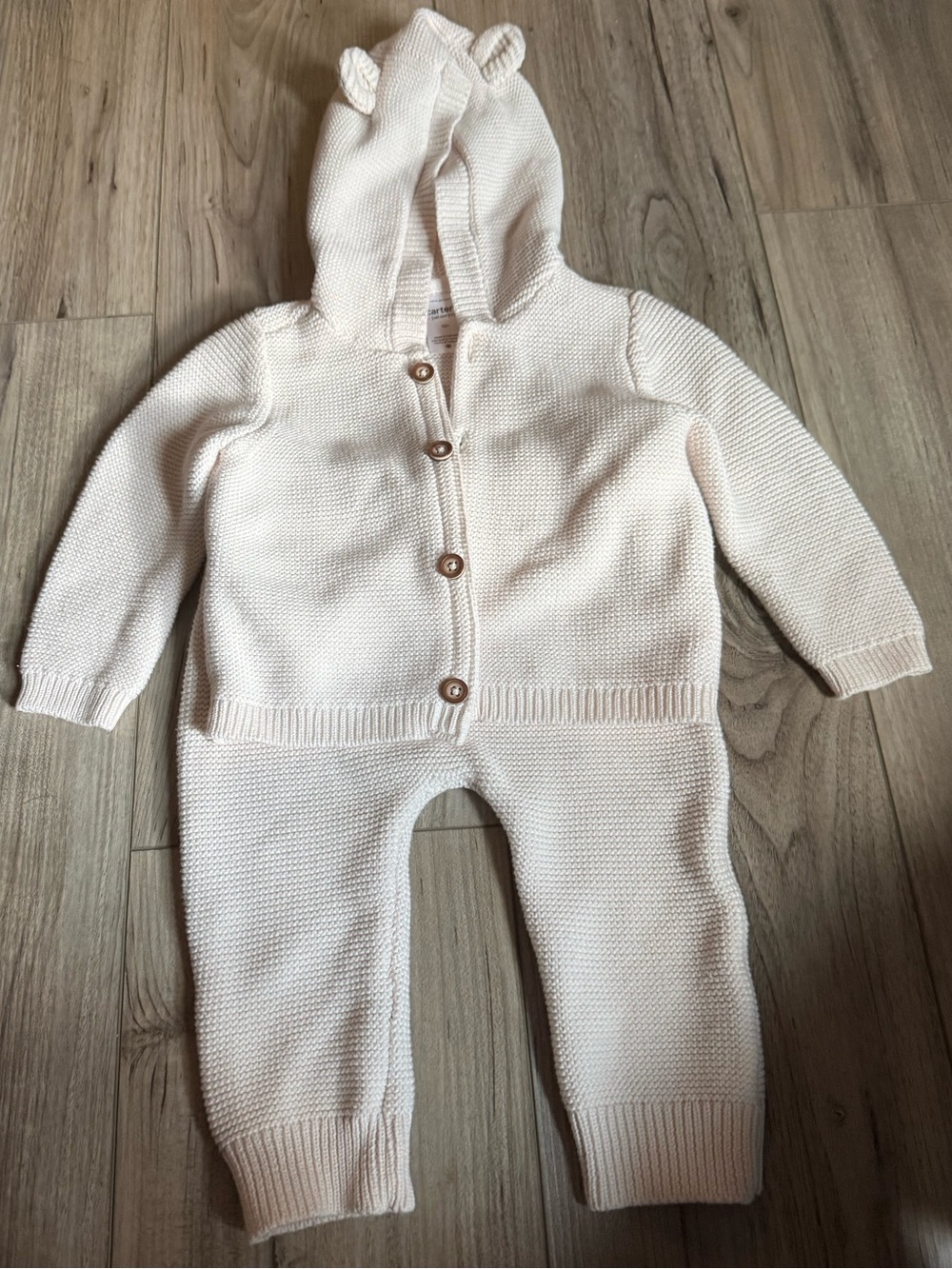Carter’s Cream Knit Baby Hooded Button Romper with Ear Detail Size 12 months